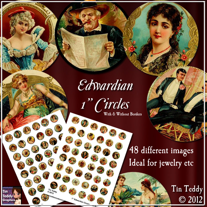 Edwardian Circles - 1 Inch Disks X 48 - Digital Collage Sheet - Perfect For Jewelry, Bottle Caps Etc