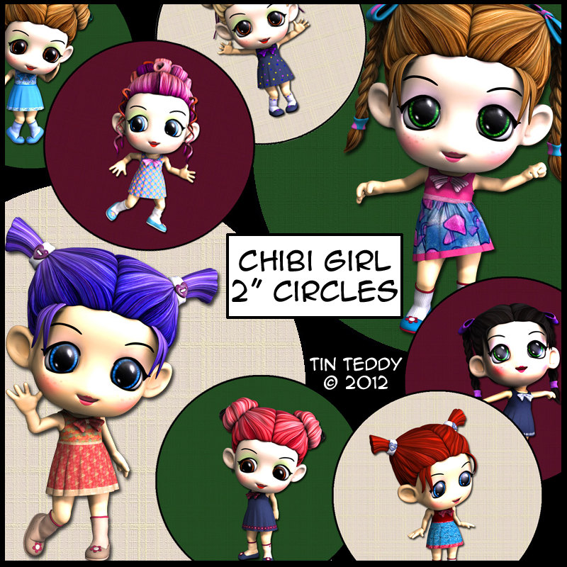 Chibi Girls - 2 Inch Circles / Cupcake Toppers - Toon Digital Collage Sheet X 3