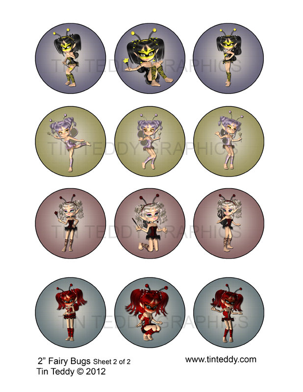 Fairy Bug Toppers - 2 Inch Circles / Cupcake Toppers - Digital Collage Sheet