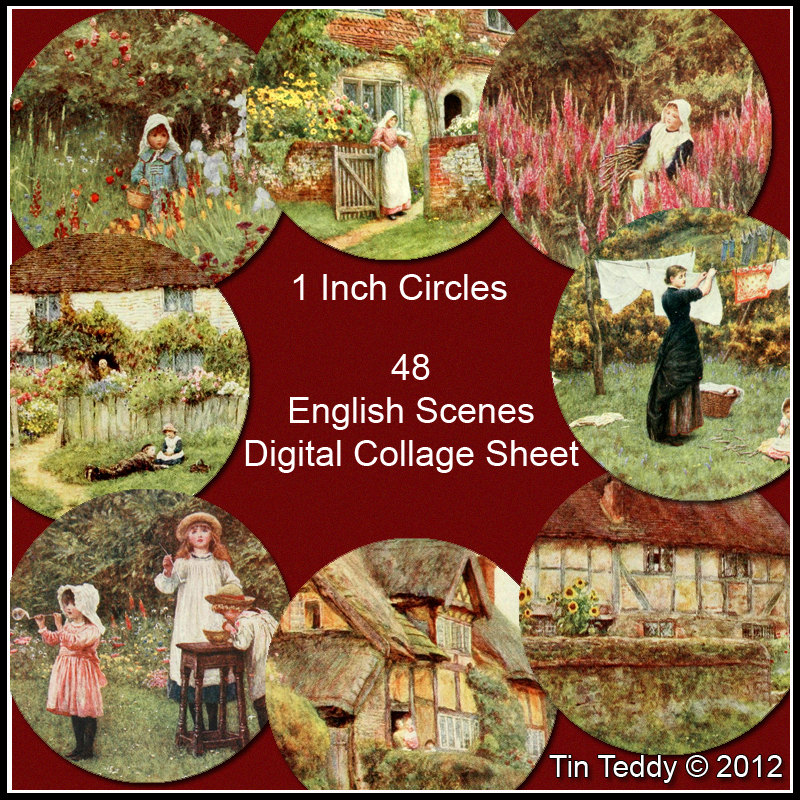 English Scenes Digital Collage Sheet - 1 Inch Circles X 48 - Perfect For Jewelry, Bottle Caps And Much More