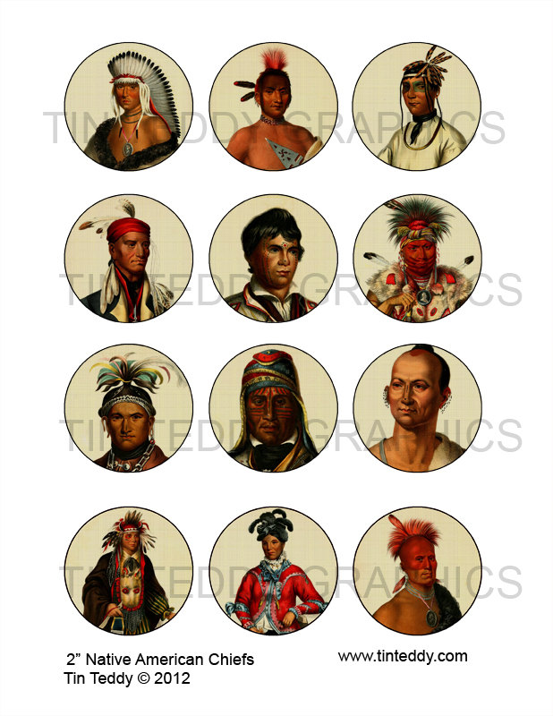 Native American Chiefs - 2 Inch Circles / Cupcake Toppers Mirrors Etc - Vintage Digital Collage Sheet